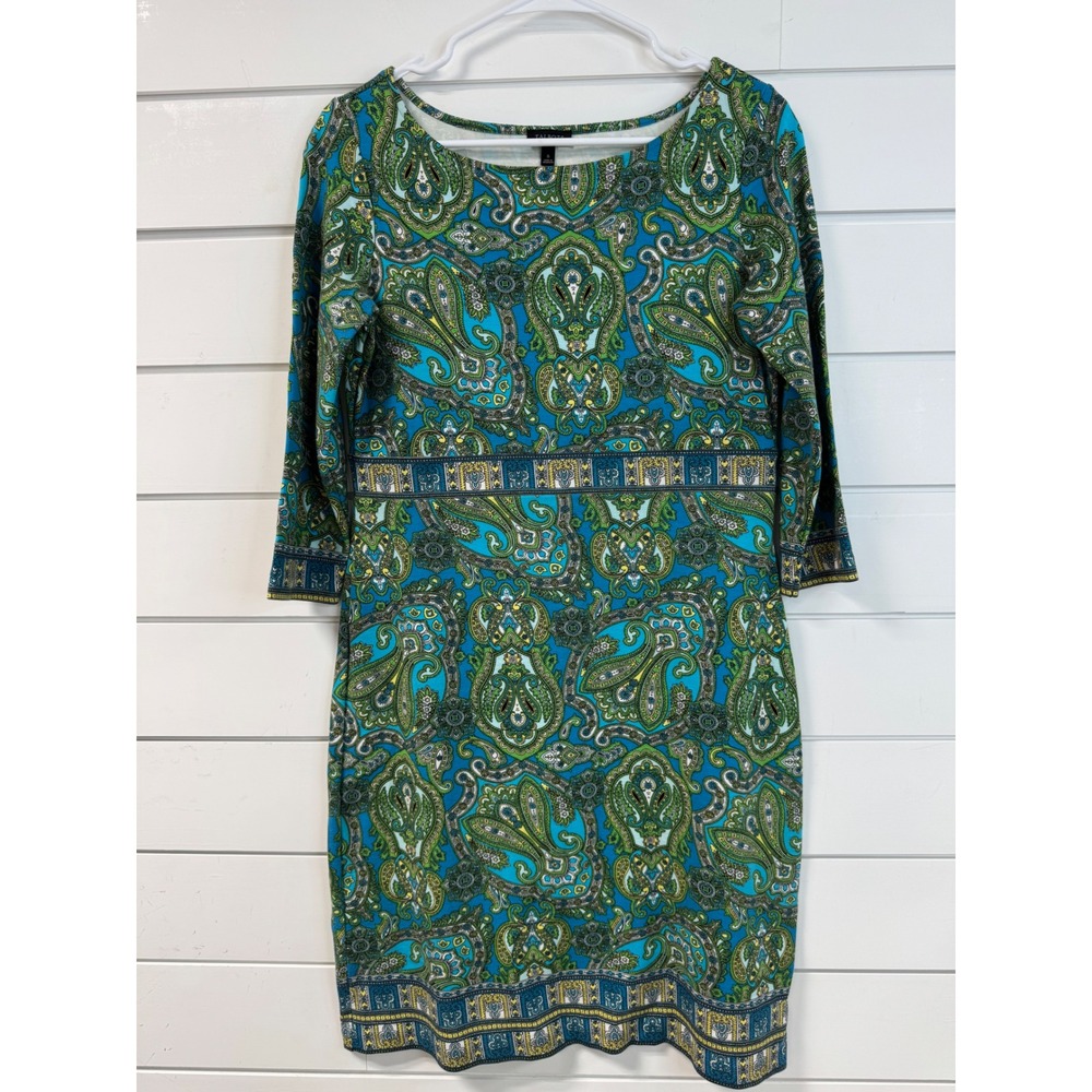 Talbots Womens Blue Green Paisley Sheath Dress 3/4 Sleeve Size 6 Stretch Jersey